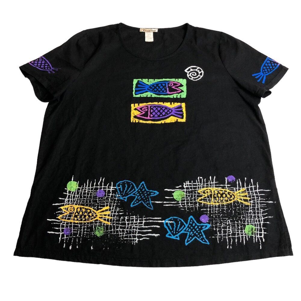 Vintage Casual Land Top Womens XL Black Linen Neon Fish Art To‎ Wear Beach Boho